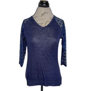 Loveappella Womens Size XS Blue Blouse Top Nerbi Lace Sleeve Keyhole Back Knit